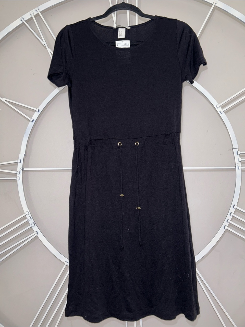 NWT H&M Black Casual Short-Sleeve Midi Dress with Drawstring Waist
